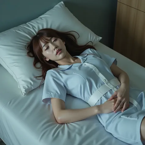 A pretty Japanese woman is laying unconscious on the bed, both arms behind her back, eyes close, very bright white skin, brown spread hair, natural bang, wearing a nurse uniform, tight short skirt, cum on her forehead, photorealistic, hyperrealism, whole b...