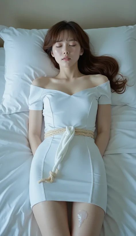 A pretty Japanese woman is laying unconscious on the bed, bound wrists behind your back, eyes close, very bright white skin, brown spread hair, natural bang, wearing a nurse uniform, tight short skirt, eye close, photorealistic, hyperrealism, whole body fr...