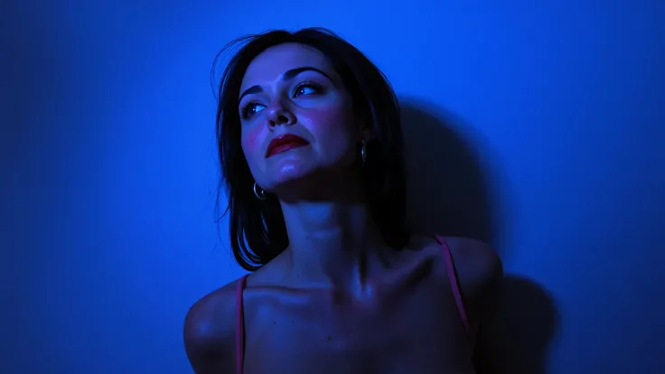 Small micro shorts, , vagina outside, loose breasts and red nipples , Hair , micro bikinis, slender, freckles, , Bottomless, blue background