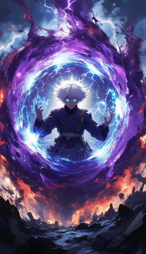 Create a dramatic, hyper-realistic image of Gojo Satoru using his Hollow Purple technique. His white hair flows wildly as immense cursed energy swirls around him in a vortex of blue and red, forming a massive, glowing purple sphere. His Infinity technique ...