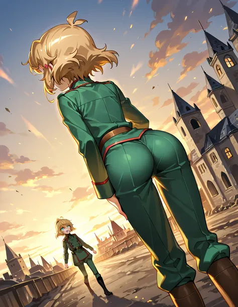 two girls、(The Saga of Tanya the Evil、 Tanya Von Degurechaff ),(symphogear, tachibana hibiki),battle、battlefield、medieval European cityscape、dynamic angle that pushes your butt up to the sky、dynamic pose