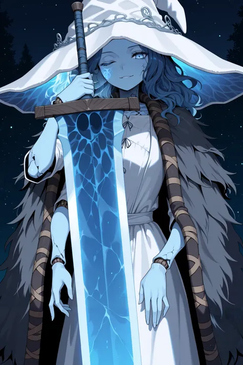 masterpiece,best quality, amazing quality, very aesthetic,anime screencap,1girl,RnnDef, blue eyes, one eye closed, blue hair, wavy hair, (4 arms:1.2), extra faces, ghost face, blue skin, colored skin, cracked skin, doll joints,witch hat, large hat, white h...