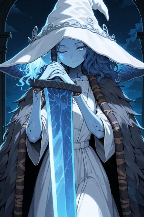 masterpiece,best quality, amazing quality, very aesthetic,anime screencap,1girl,RnnDef, blue eyes, one eye closed, blue hair, wavy hair, (4 arms:1.2), extra faces, ghost face, blue skin, colored skin, cracked skin, doll joints,witch hat, large hat, white h...