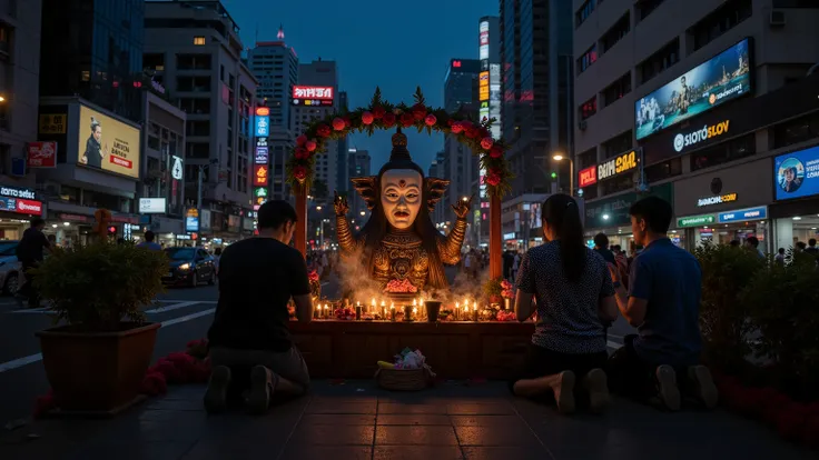 A mystical medium-sized spirit altar with a ghostly mask in the center, located in the heart of Bangkok, Thailand. The altar is surrounded by glowing candles, incense smoke, and small offerings. Several people are kneeling and praying with deep reverence. ...