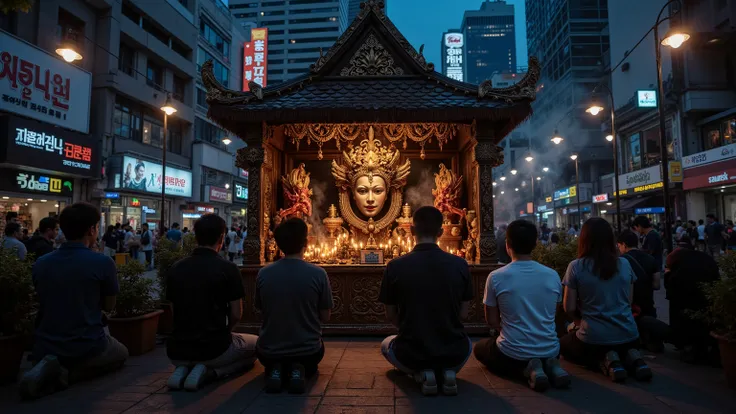 A mystical medium-sized spirit altar with a ghostly mask in the center, located in the heart of Bangkok, Thailand. The altar is surrounded by glowing candles, incense smoke, and small offerings. Several people are kneeling and praying with deep reverence. ...