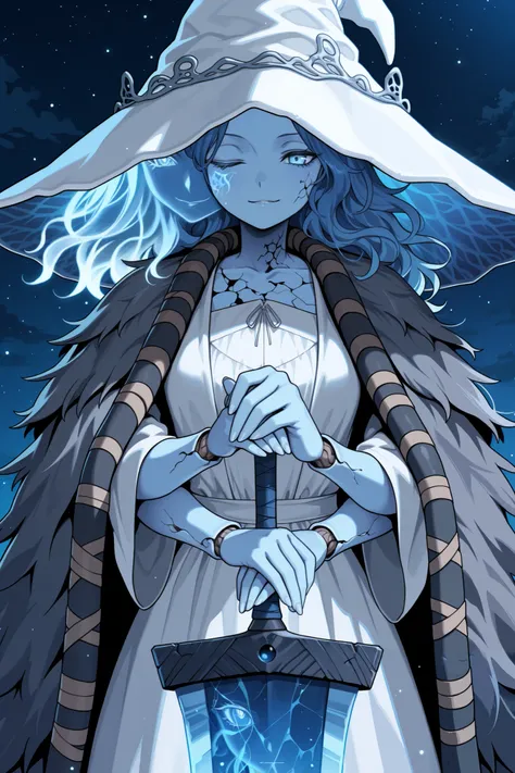 masterpiece,best quality, amazing quality, very aesthetic,anime screencap,1girl,RnnDef, blue eyes, one eye closed, blue hair, wavy hair, (4 arms:1.2), extra faces, ghost face, blue skin, colored skin, cracked skin, doll joints,witch hat, large hat, white h...