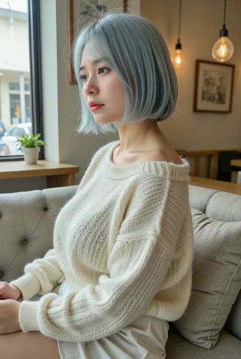 masterpiece, best quality,1 chubby girl, sitting on the sofa, pale blue bob hair, full body shot, looking away, ((from side)), ((modest chest)), (wearing boat neck fluufy knit wear:1.4), modern cafe
