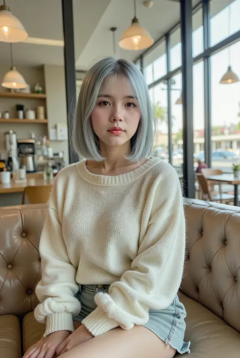masterpiece, best quality,1 chubby girl, sitting on the sofa, pale blue bob hair, full body shot, looking away, from side, ((modest chest)), (wearing boat neck fluufy knit wear:1.4), modern cafe