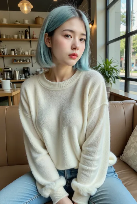 masterpiece, best quality,1 chubby girl, sitting on the sofa, pale blue bob hair, full body shot, looking away, ((from side)), ((modest chest)), (wearing boat neck fluufy knit wear:1.4), modern cafe