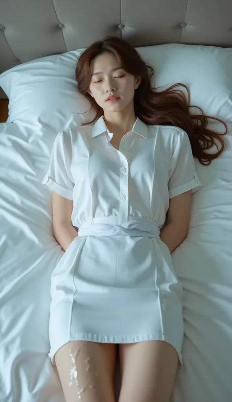 A pretty Japanese woman is laying unconscious on the bed, bound wrists behind your back, eyes close, very bright white skin, brown spread hair, natural bang, wearing a nurse uniform, tight short skirt, eye close, photorealistic, hyperrealism, whole body fr...