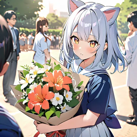 8k, Girl with dog ears silver hair, White Ear, middle school student,Graduation Ceremony,sailor suit,Diploma,flower arrangement,move
