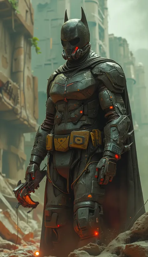 A realistic, human depiction of Batman with glass gas mask in the year 2200, standing amidst the ruins of a once-great city. Bruce Wayne, now a grizzled and battle-hardened man, wears a tattered, high-tech suit patched together with scraps of advanced mate...