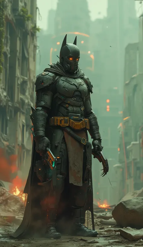 A realistic, human depiction of Batman with glass gas mask in the year 2200, standing amidst the ruins of a once-great city. Bruce Wayne, now a grizzled and battle-hardened man, wears a tattered, high-tech suit patched together with scraps of advanced mate...