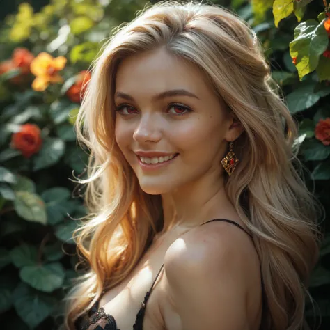 1 girl, Breasts, blond hair, red eyes, Smile, long hair,