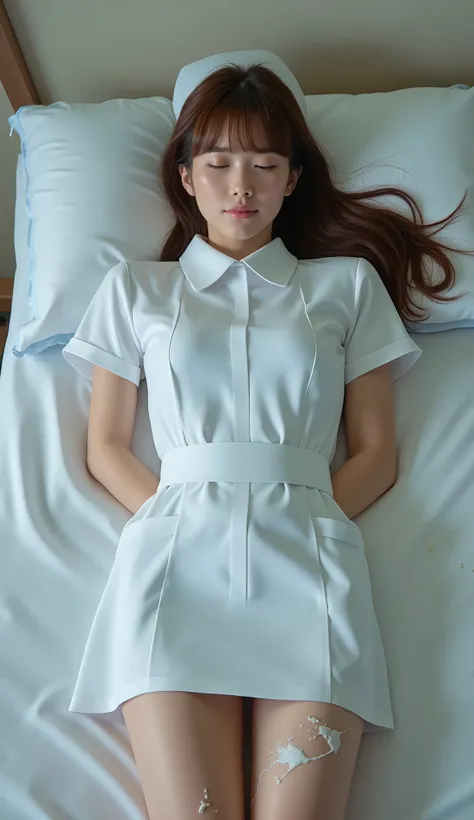 A pretty Japanese woman is laying unconscious on the bed, bound wrists behind your back, eyes close, very bright white skin, brown spread hair, natural bang, wearing a nurse uniform, tight short skirt, eye close, photorealistic, hyperrealism, whole body fr...