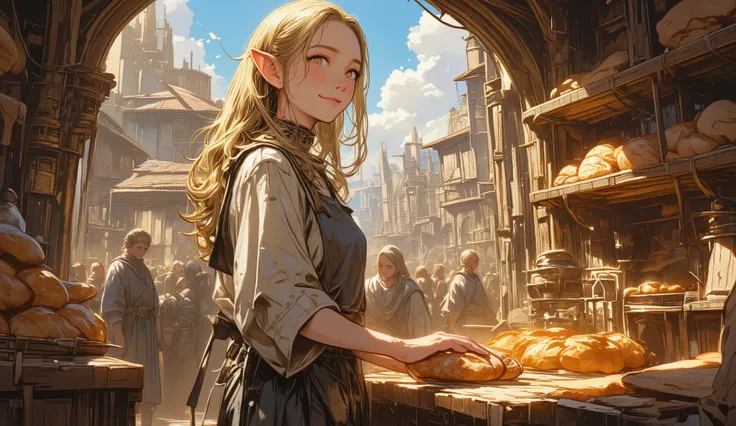 A lively medieval marketplace bathed in warm sunlight. In the foreground, a slender, graceful elven woman with long, flowing blonde hair stands behind a rustic wooden bread stall. She’s wearing a simple yet elegant apron over her light tunic, her delicate ...