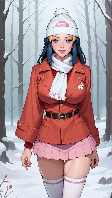 1 girl, ((Dawn from Pokemon)), ((big perfectly round gravity defying fake )), dark blue hair bimbo slut, adult age 22, detailed blue eyes, bimbo lips, toque hat, white scarf, winter red coat very busty, pink pleated miniskirt, thigh high white socks, (Poke...