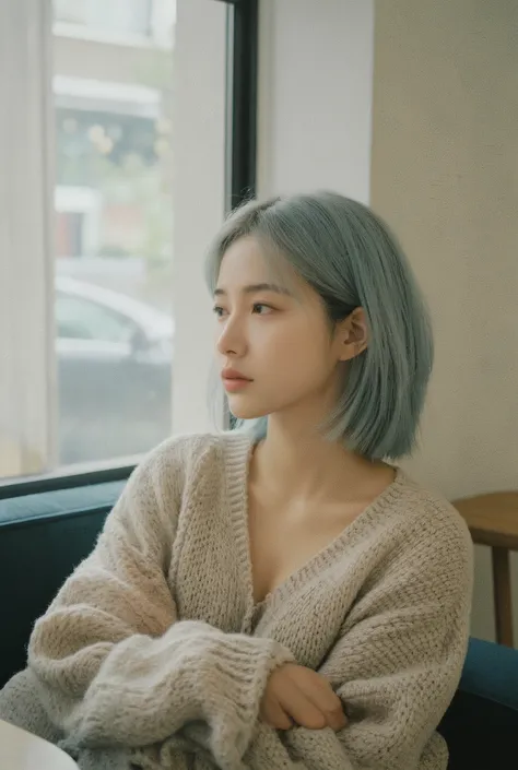masterpiece, best quality,1 girl, sitting on the sofa, pale blue bob hair, from side, wearing knit wear, modern cafe