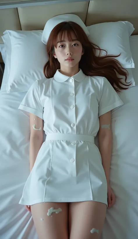 A pretty Japanese woman is laying unconscious on the bed, bound wrists behind your back, eyes close, very bright white skin, brown spread hair, natural bang, wearing a nurse uniform, tight short skirt, eye close, photorealistic, hyperrealism, whole body fr...