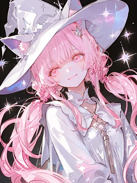 White witch,A girl, Solo, long hair, watching viewers,straight bangs, hair floating in the air, very long hair , solemn,subjective point of view, Dutch angle, HAIR ACCESSORIES , Jewelry, witch hat, Glitter effect, illustration, animation 스타일, animation,...