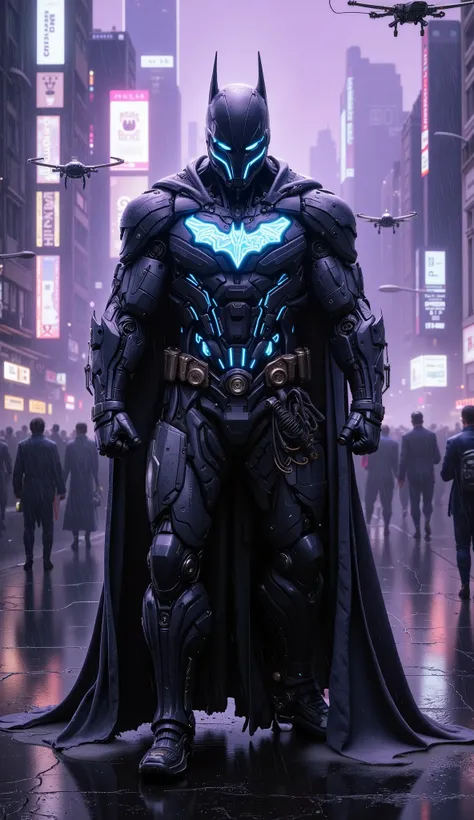 A realistic, human depiction of Batman in the year 2300, standing in a rain-soaked, neon-lit city filled with towering skyscrapers, holographic advertisements, and flying vehicles. Bruce Wayne, now a seasoned and battle-hardened man, wears a sleek, high-te...