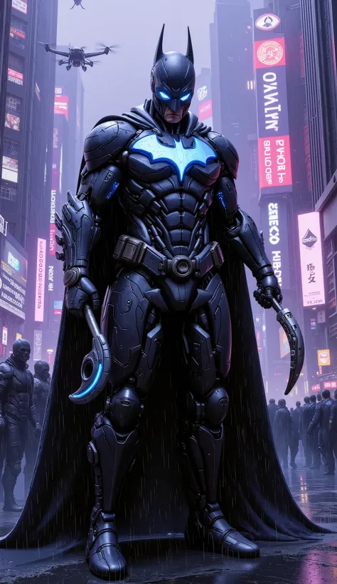 A realistic, human depiction of Batman in the year 2300, standing in a rain-soaked, neon-lit city filled with towering skyscrapers, holographic advertisements, and flying vehicles. Bruce Wayne, now a seasoned and battle-hardened man, wears a sleek, high-te...