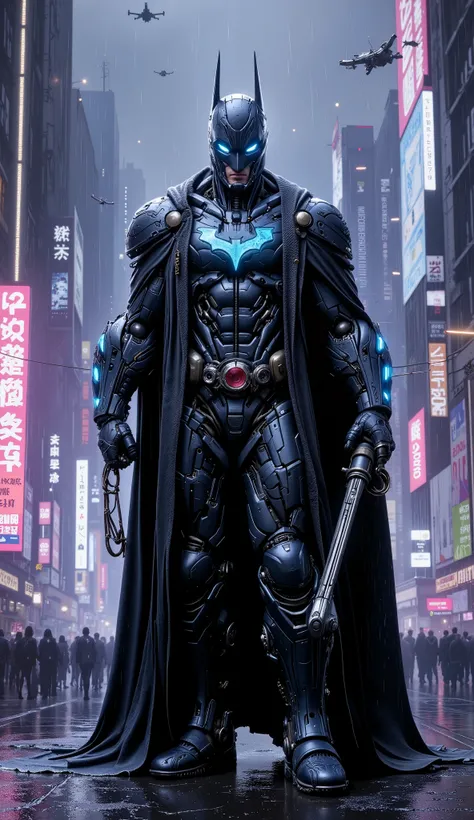 A realistic, human depiction of Batman in the year 2300, standing in a rain-soaked, neon-lit city filled with towering skyscrapers, holographic advertisements, and flying vehicles. Bruce Wayne, now a seasoned and battle-hardened man, wears a sleek, high-te...