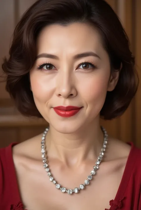 " foreground, 48-year-old Japanese woman, Hollywood Retroonda , Classic 1950s style curls, de Lonna , dark red lips , intense eyeliner , Precious blush , Elegant diamond necklace , hello nothing, masterpiece, of high quality, high detail, (...