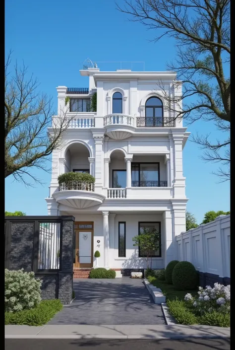 masterpiece , (photorealistic:1 . 2) , best quality , ultra high res , exterior , architechture , modern house , white wall , glass windows ,, trees , traffic road , design , trees around , blue sky , in the style of realistic hyper-detailed rendering , 32...
