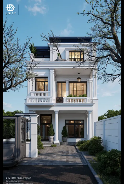 masterpiece , (photorealistic:1 . 2) , best quality , ultra high res , exterior , architechture , modern house , white wall , glass windows ,, trees , traffic road , design , trees around , blue sky , in the style of realistic hyper-detailed rendering , 32...