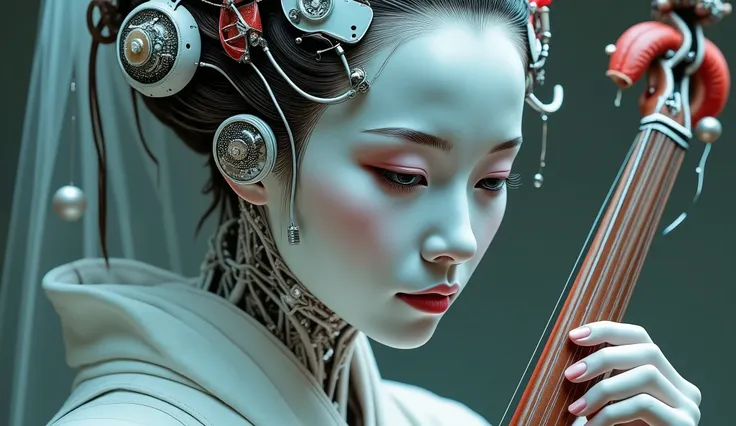 Extraordinarily beautiful and perfect Cyber Android Geisha, playing a traditional Japanese string instrument, ultra-high resolution surreal portrait. Hairstyle oiran, porcelain face with subtle imperfections and light reflections. Intricate mechanical part...