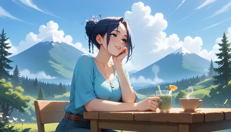 A peaceful café named "Melody Mood" perched on a mountainside, surrounded by misty evergreen forests. The rustic wooden structure blends seamlessly with the landscape, with a breathtaking view of rolling hills below. A woman sits at a table on the outdoor ...