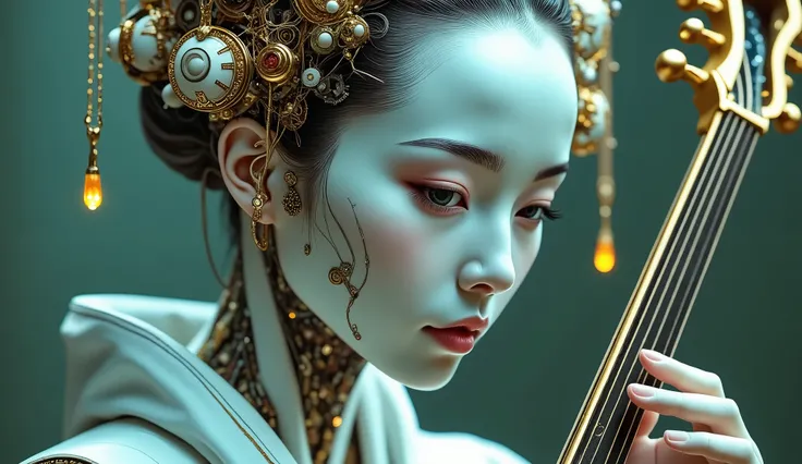 Extraordinarily beautiful and perfect Cyber Android Geisha, playing a traditional Japanese string instrument, ultra-high resolution surreal portrait. Hairstyle oiran, porcelain face with subtle imperfections and light reflections. Intricate mechanical part...