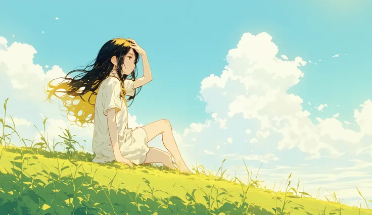A young girl with long flowing black and blonde hair, sitting gracefully on a sunlit hilltop covered in lush green grass. She's wearing a simple white dress that billows gently in the wind. Her hand shields her eyes from the bright sunlight as she gazes in...