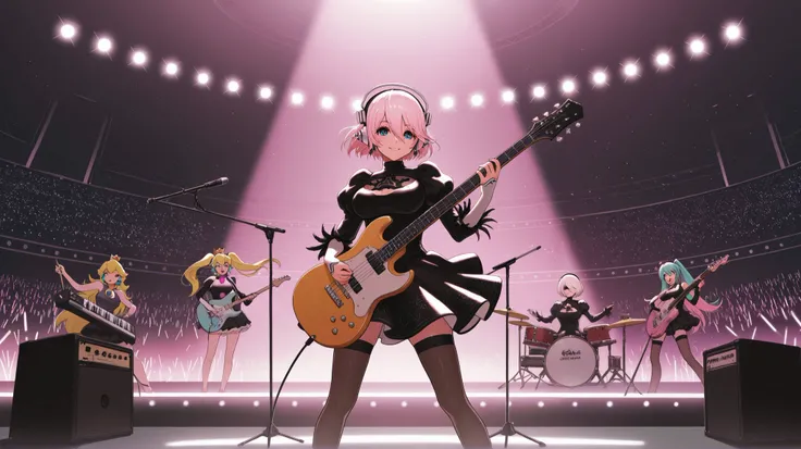 A band formed by: Hatsune Miku on vocals, Super Sonico on guitar, 2B from the game Nier Automata on drums, Princess Peach from Mario playing keyboard and Panty from the anime Panty&Stocking playing bass. On a stage with a crowd of fans with light sticks of...