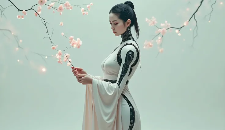 A scene from the cyberpunk world that features a female robot geisha playing the shamisen under a holographic cherry blossom tree. She wears a pale pink kimono, her fragile and sad expression. Parts of her metallic body are missing, glowing faintly with el...
