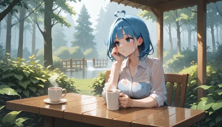 A quiet café named "Melody Mood" in the middle of a misty forest during a gentle rain. Raindrops trickle down the wooden eaves, and the air is filled with the fresh scent of wet earth and leaves. A woman sits alone at an outdoor table, staring at the rain ...