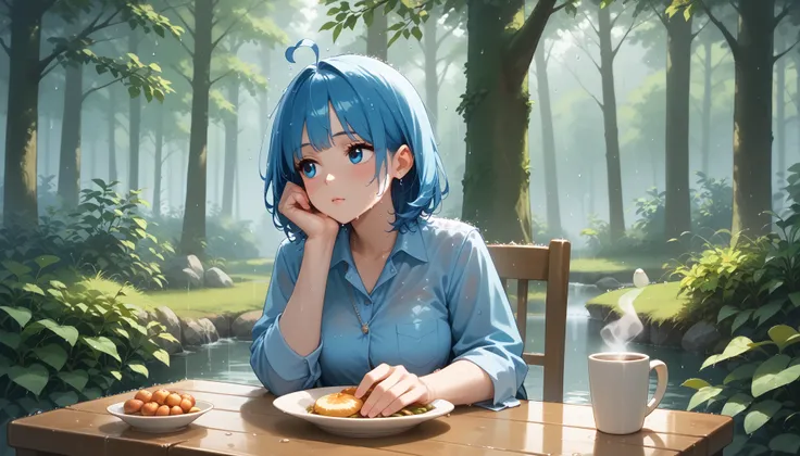 A quiet café named "Melody Mood" in the middle of a misty forest during a gentle rain. Raindrops trickle down the wooden eaves, and the air is filled with the fresh scent of wet earth and leaves. A woman sits alone at an outdoor table, staring at the rain ...