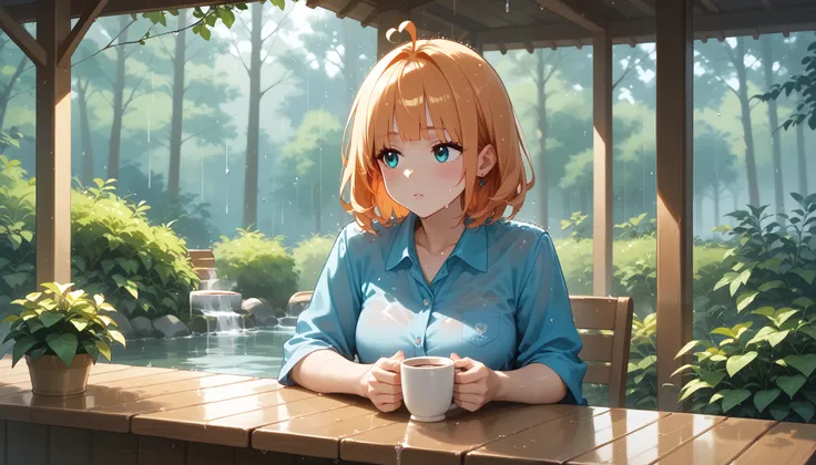 A quiet café named "Melody Mood" in the middle of a misty forest during a gentle rain. Raindrops trickle down the wooden eaves, and the air is filled with the fresh scent of wet earth and leaves. A woman sits alone at an outdoor table, staring at the rain ...