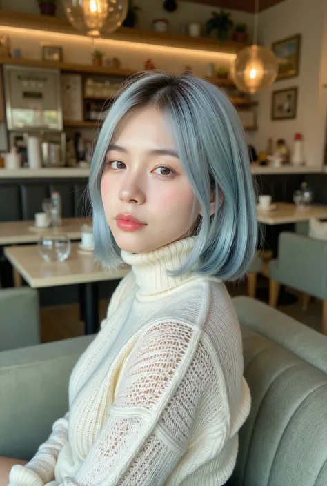 masterpiece, best quality,1 girl, sitting on the sofa, ((less make up)), pale blue bob hair, from side, wearing turtle neck knit wear, modern cafe