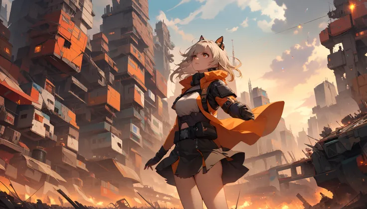 Girl, silver bob hair, brown eyes, looking up at the war-torn sky, mechanical city, leather and mechanical gimmick soldier uniform, skirt, destroyed ultra-modern mechanical city, wind