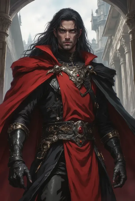 dark-skinned man, long black hair, dressed in a red medieval long-sleeved tabard, black leather gloves, torn cape, with voluminous black hair on his shoulders, black leather pants, bored, inside a luxurious Castle.