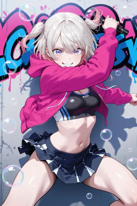 girl with Bubbles, Graffiti, Vector Illustration Style, Crazy details, Ultra HD picture quality, Crazy details, bright colors, An adorable , dynamic pose, miniskirt, Wearing a flashy hoodie, Visible vibrant sports bra