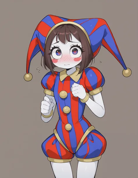((pomni)), ((the amazing digital circus)), ((masterpiece)), ((high resolution)), ((cartoon style)), ((solo portrait)), {(petite figure), (white skin), (cute eyes), (short eyelashes), (short brown hair), (nervous look)}, {(jester costume)}, {(standing), (lo...