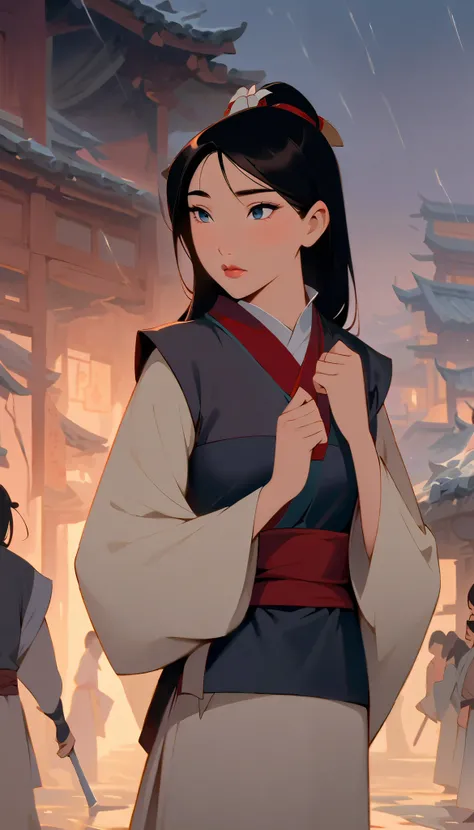 Hua Mulan,Show female shy,19 years old, like a porcelain doll, fine features, delicate,Black and red color scheme,poster,iconic disney characters。shonen style, anime style, straight hair, big hair, ((long hair)) ,japanese young woman warrior, black hair, t...