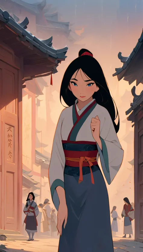 Hua Mulan,Show female shy,19 years old, like a porcelain doll, fine features, delicate,Black and red color scheme,poster,iconic disney characters。shonen style, anime style, straight hair, big hair, ((long hair)) ,japanese young woman warrior, black hair, t...
