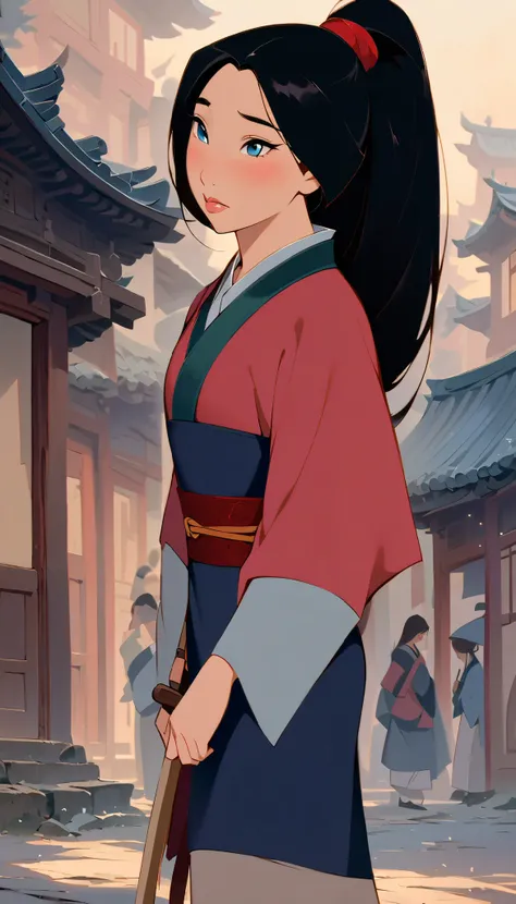 Hua Mulan,Show female shy,19 years old, like a porcelain doll, fine features, delicate,Black and red color scheme,poster,iconic disney characters。shonen style, anime style, straight hair, big hair, ((long hair)) ,japanese young woman warrior, black hair, t...