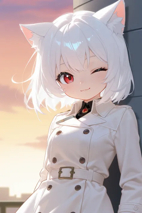 white hair , red eyes on the left,blue eyes on the right,Wearing a white trench coat ,Cat ear girl,cute anime image,tchibi,single girl,Wink, cute expression