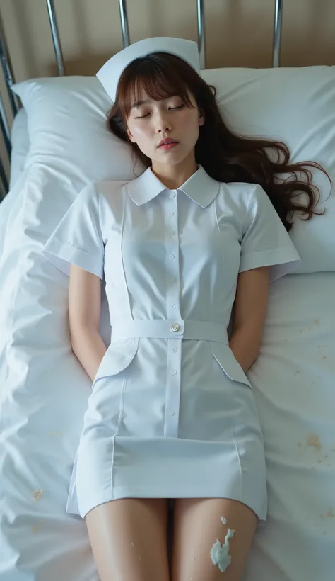A pretty Japanese woman is laying unconscious on the bed, bound wrists behind your back, eyes close, very bright white skin, brown spread hair, natural bang, wearing a nurse uniform, tight short skirt, eye close, photorealistic, hyperrealism, whole body fr...