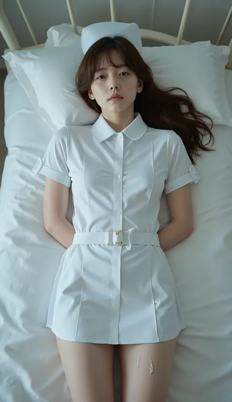 A pretty Japanese woman is laying unconscious on the bed, bound wrists behind your back, eyes close, very bright white skin, brown spread hair, natural bang, wearing a nurse uniform, tight short skirt, eye close, photorealistic, hyperrealism, whole body fr...